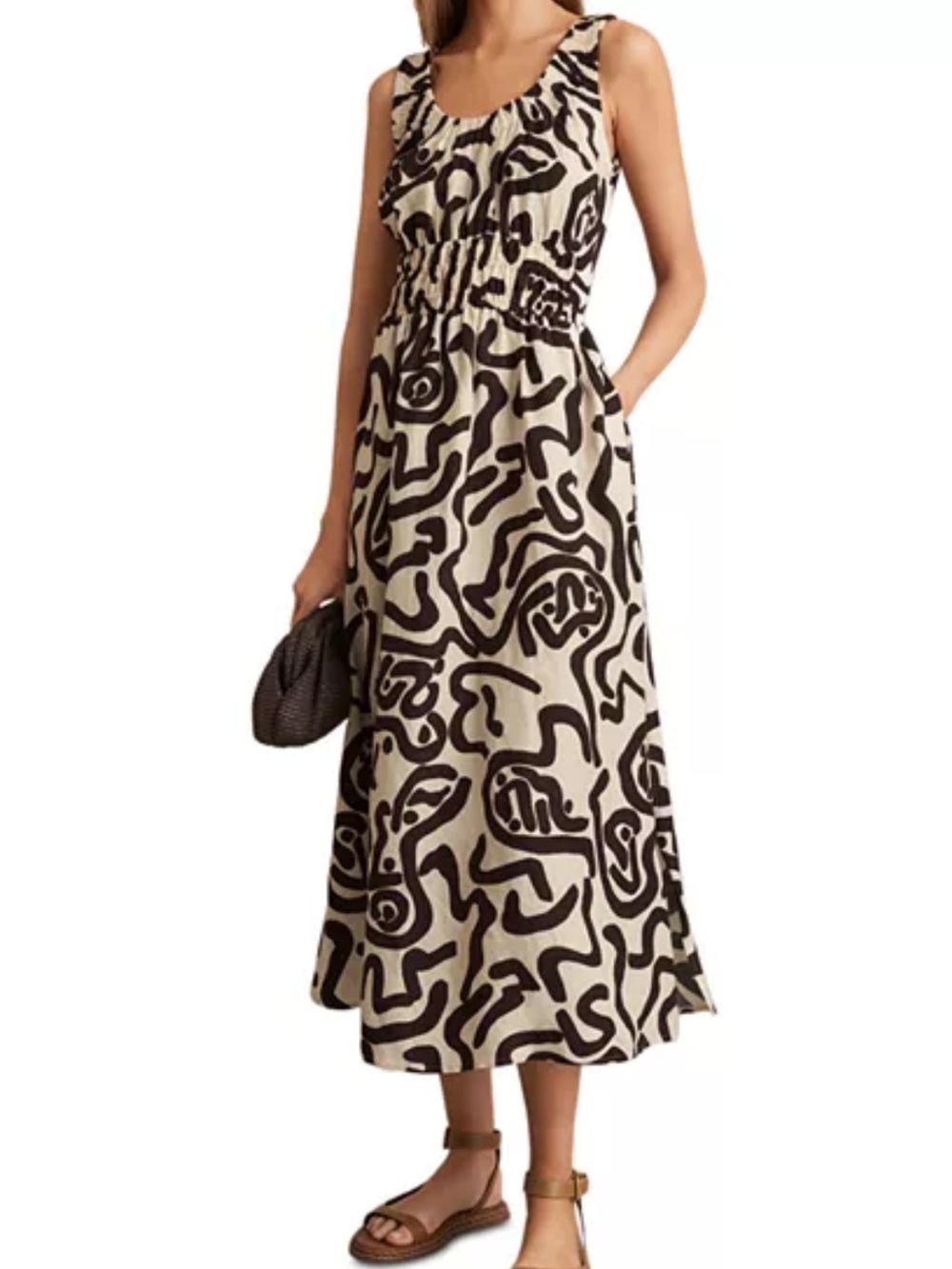 REISS Akari Printed Midi Dress Brown White Sleeveless Gathered Waist Size 6 EUC